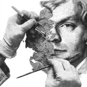 Black-and-white editorial illustration of gloved conservator's hands removing cracked layers of paint from a portrait to reveal the face beneath.