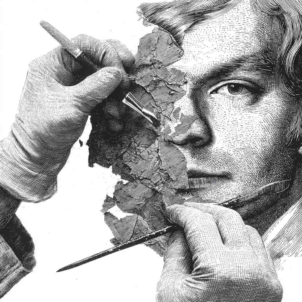 Black-and-white editorial illustration of gloved conservator's hands removing cracked layers of paint from a portrait to reveal the face beneath.
