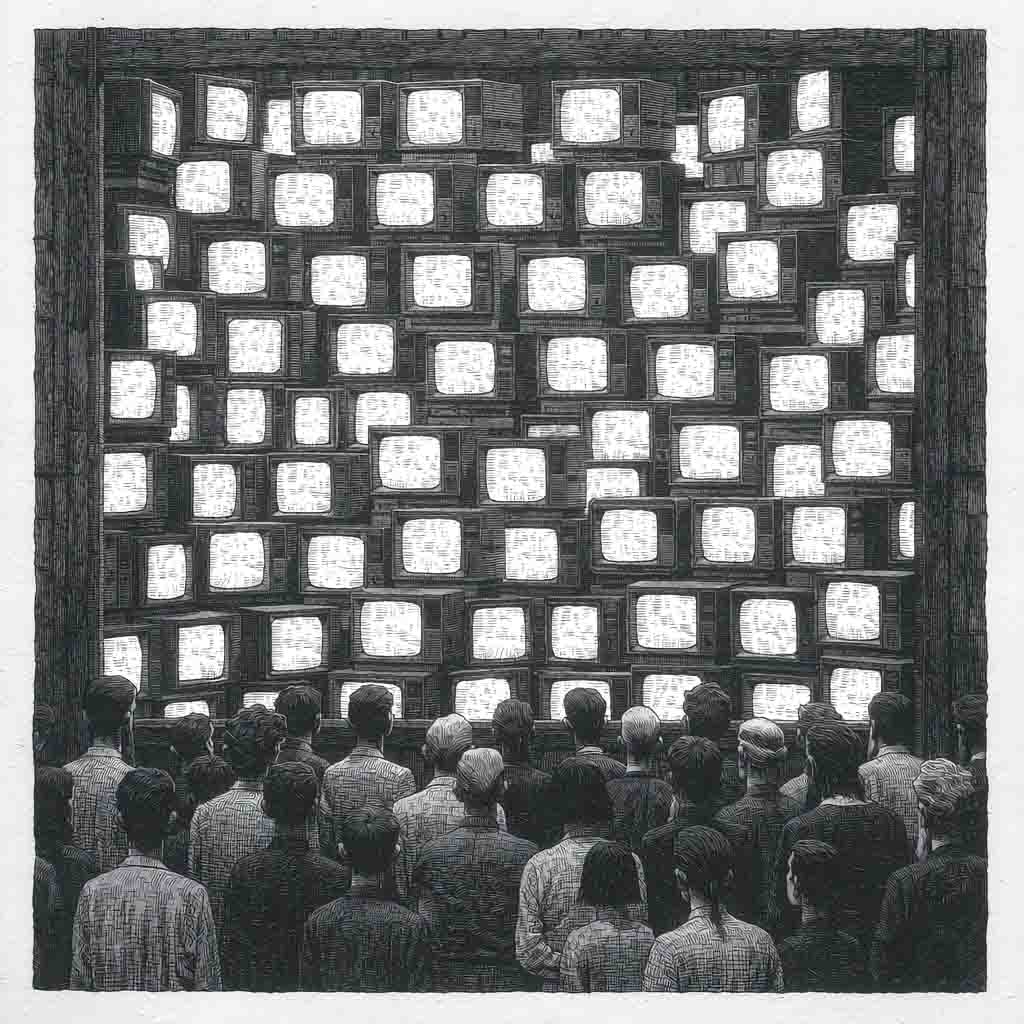 Black-and-white pen-and-ink editorial illustration of a crowd facing a wall of glowing television screens displaying identical broadcasts.