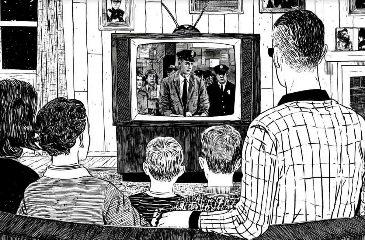 A family watches a police announcement on television, illustrating public trust in official media reports.