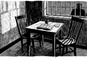 Black-and-white illustration of a small prison interview room with a table, two chairs, an open book, and a coffee cup.