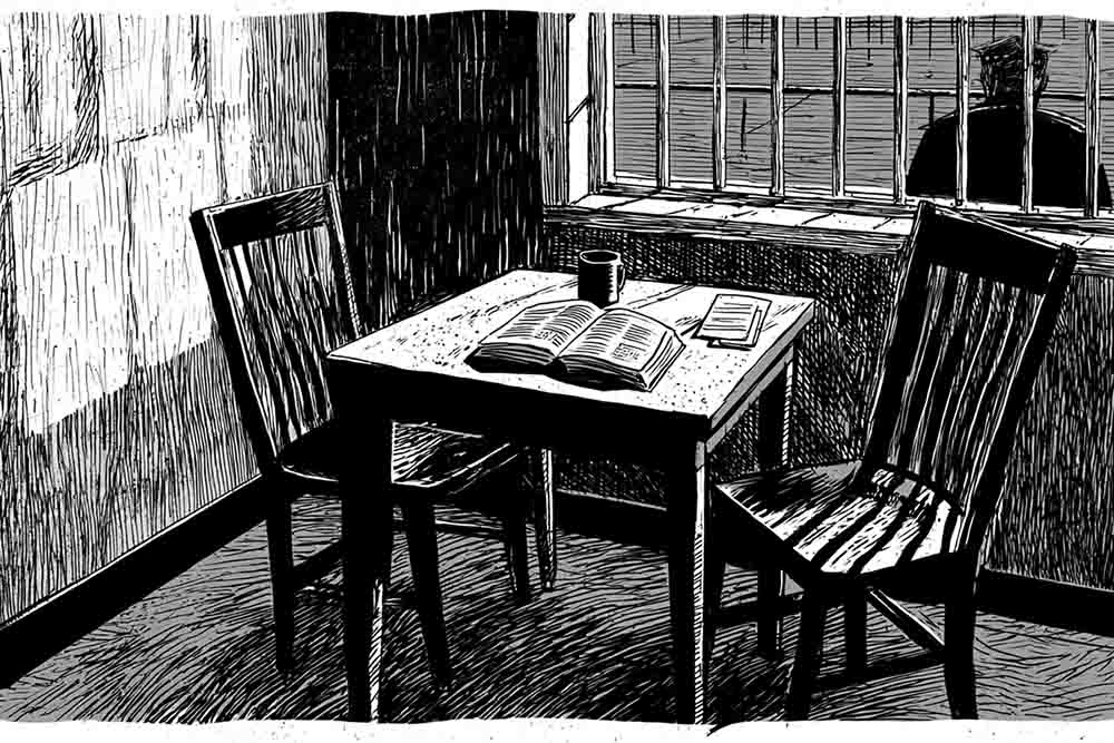 Black-and-white illustration of a small prison interview room with a table, two chairs, an open book, and a coffee cup.