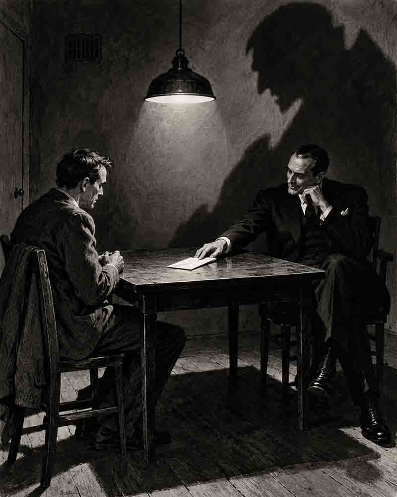 Black-and-white editorial illustration of two men seated across a table during a tense private bargain, symbolizing coercion, unequal power, and the question of whether Jeffrey Dahmer could truly have refused an arrangement.