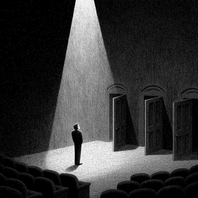 Black-and-white pen-and-ink editorial illustration of a lone figure standing beneath a spotlight and facing several open doors in a dark auditorium.